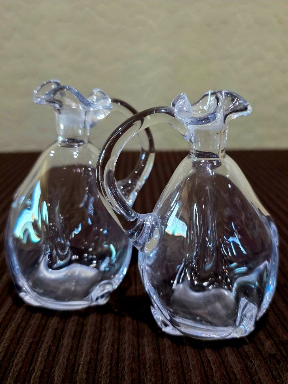 Vintage Mid Century MCM Hand Blown Clear Crystal Crimp Top Handled Cruet Set